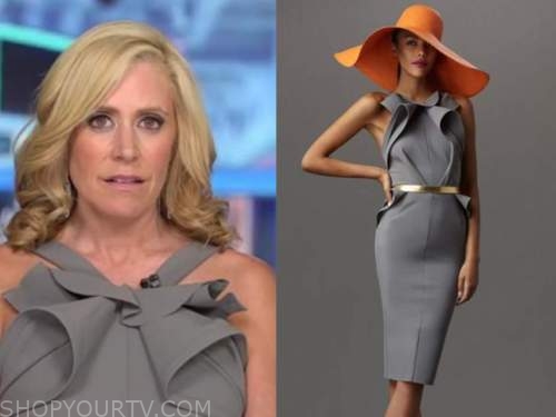 melissa francis, outnumbered, grey ruffle halter dress
