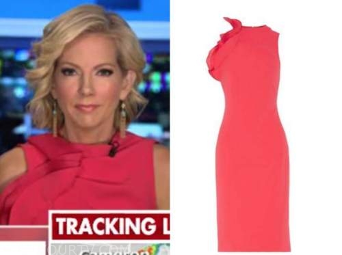 shannon bream, outnumbered, coral ruffle sheath dress