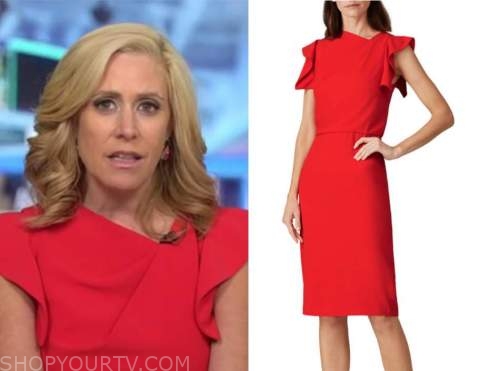 melissa francis, outnumbered, red asymmetric ruffle sheath dress