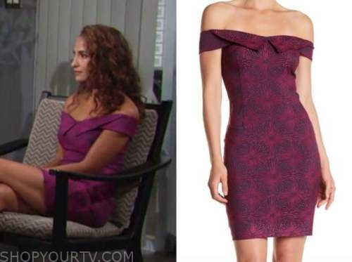 lily winters, the young and the restless, purple off-the-shoulder dress, christel khalil