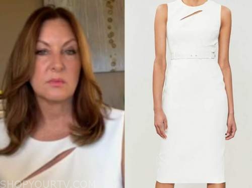 leslie marshall, outnumbered, white cutout belted sheath dress