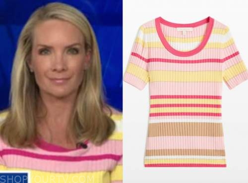the five, dana perino, pink and yellow striped short sleeve sweater