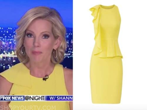 shannon bream, fox news at night, yellow ruffle sheath dress
