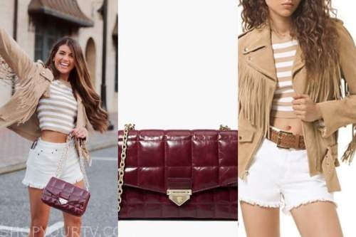 madison prewett, the bachelor, burgundy quilted bag, fringe jacket, white shorts