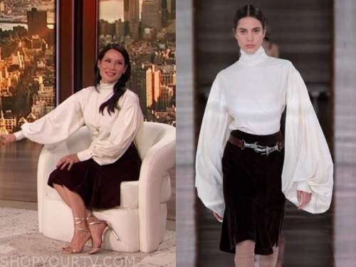 lucy liu, the drew barrymore show, ivory blouse and velvet skirt