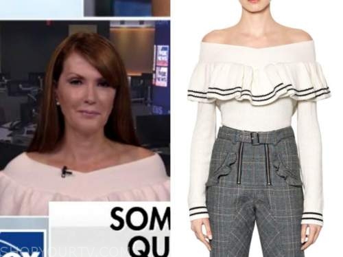 dagen mcdowell, outnumbered, off-the-shoulder stripe ruffle sweater