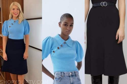 holly willoughby, this morning, blue sweater, black skirt