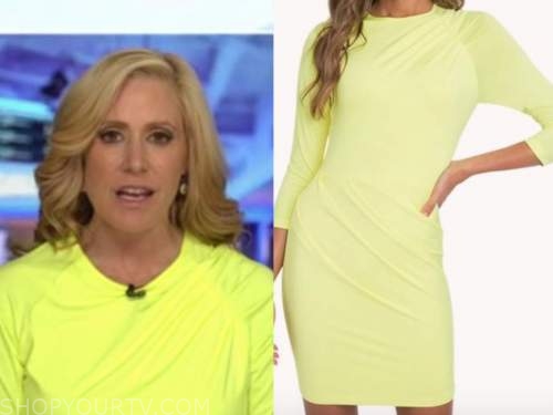 melissa francis, outnumbered, yellow ruched dress