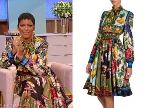 tamron hall, tamron hall show, fruit print silk shirt dress