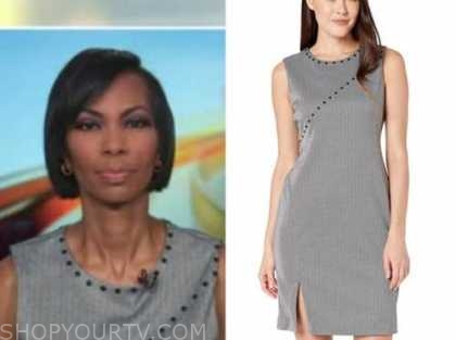 harris faulkner, outnumbered, grey herringbone studded sheath dress