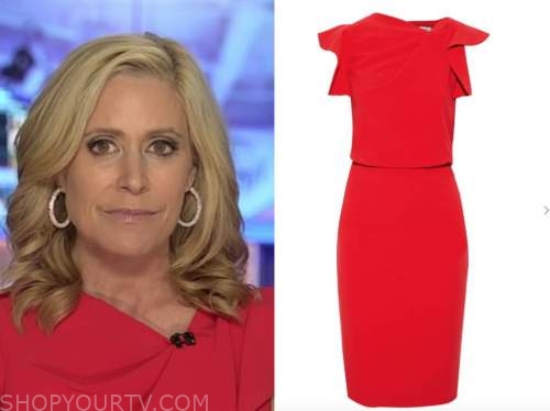 melissa francis, outnumbered, red ruffle sheath dress