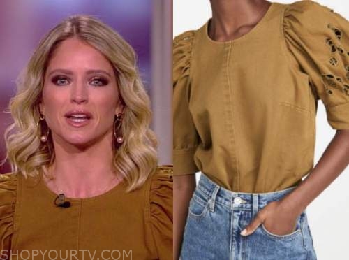 sara haines, the view, olive green eyelet puff sleeve top
