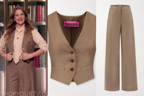 drew barrymore, drew barrymore show, brown vest and pants