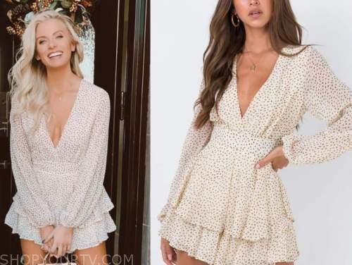 emily ferguson, the bachelor, beige dot ruffle romper dress