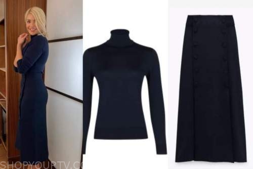 holly willoughby, navy blue turtleneck and midi skirt, this morning