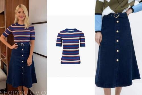 holly willoughby, this morning, blue striped knit top, denim button midi skirt