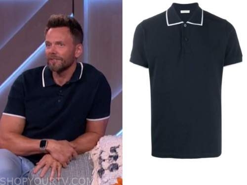 joel mchale, the kelly clarkson show, navy and white contrast trim polo shirt
