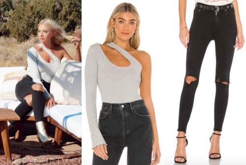 emily ferguson, the bachelor, grey one-shoulder cutout top, ripped jeans