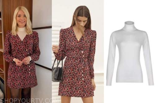 holly willoughby, this morning, red printed dress, turtleneck