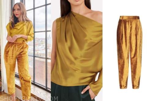 lilliana vazquez, yellow satin drape top, gold velvet pants, the wendy williams show