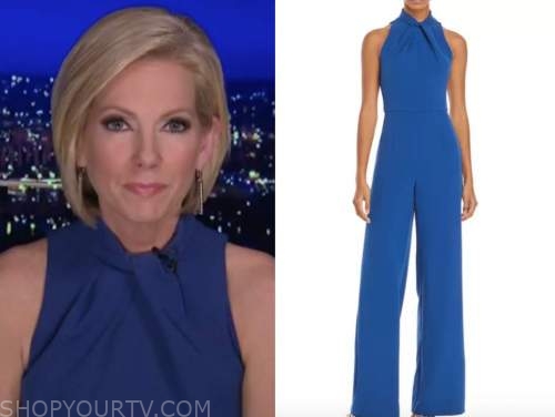 shannon bream, blue halter jumpsuit, fox news at night
