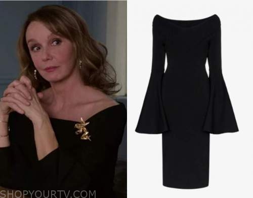 Emily's black zig-zag off-shoulder gown on Emily in Paris