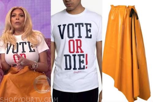 wendy williams, the wendy williams show, white vote tee, orange leather skirt