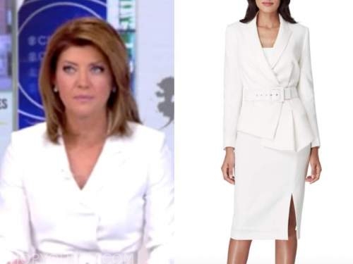 norah o'donnell, cbs news, white belted skirt suit