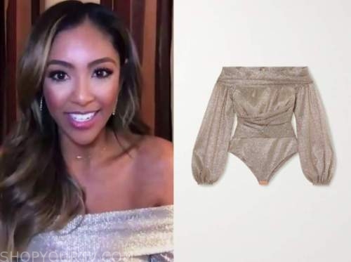 tayshia adams, the bachelorette, jimmy kimmel, gold off-the-shoulder top
