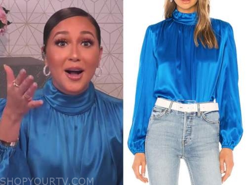 adrienne bailon, the real, blue satin mock neck blouse