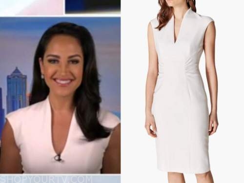 emily compagno, outnumbered, white sheath dress
