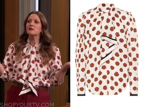 drew barrymore, drew barrymore show, red and white dot tie neck blouse