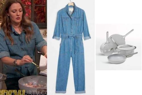 drew barrymore, drew barrymore show, denim jumpsuit, grey cookware set