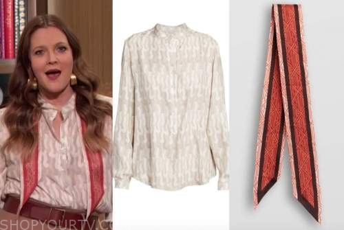 drew barrymore, drew barrymore show, grey printed blouse, orange silk scarf