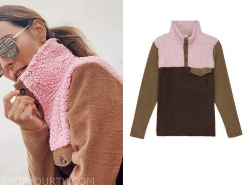 lilliana vazquez, celebrity fashion, pink and brown fleece sweater