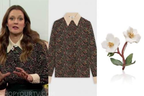 drew barrymore, drew barrymore show, floral shirt, floral brooch