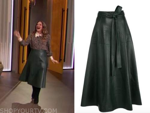 drew barrymore, drew barrymore show, green leather midi skirt