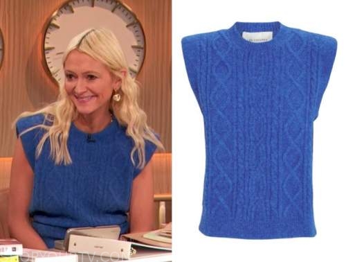 zanna roberts rassi, the drew barrymore show, blue cable knit short sleeve sweater