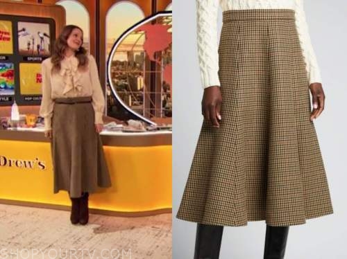 drew barrymore, drew barrymore show, brown houndstooth midi skirt