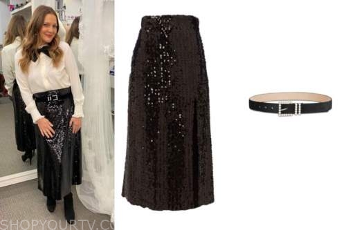 drew barrymore, black sequin skirt, drew barrymore show, pearl belt