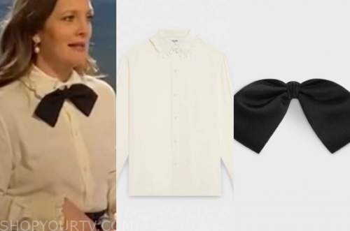 drew barrymore, drew barrymore show, ivory ruffle blouse, black bow tie
