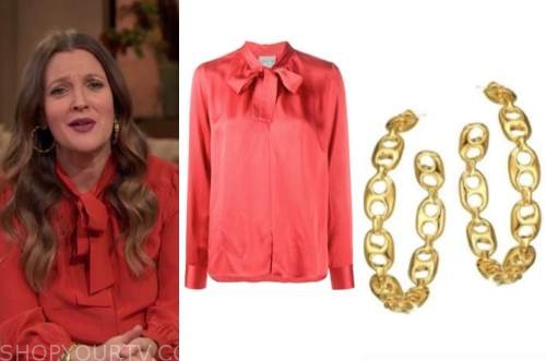 drew barrymore, drew barrymore show, red tie neck blouse, gold hoop earrings