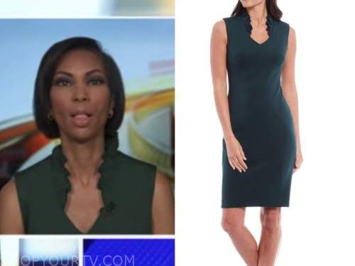 harris faulkner, green ruffle stand collar sheath dress, outnumbered