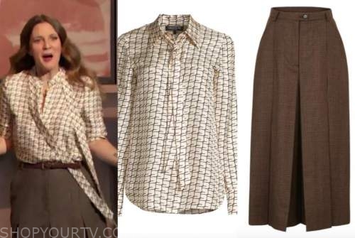 drew barrymore, drew barrymore show, silk tie neck blouse, brown culottes