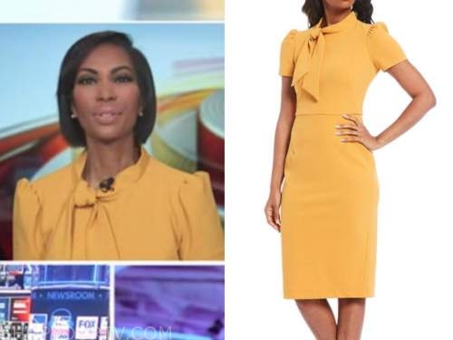 harris faulkner, yellow tie neck sheath dress, outnumbered