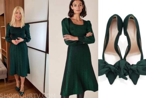 holly willoughby, this morning, green metallic knit midi dress, green bow heels