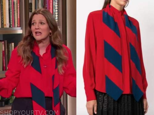 drew barrymore, drew barrymore show, red and blue stripe tie neck blouse
