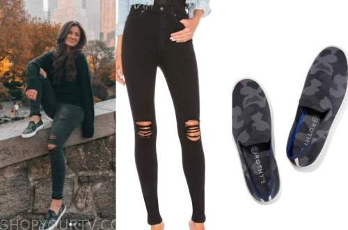 caila quinn, black ripped jeans, camo slip on sneakers