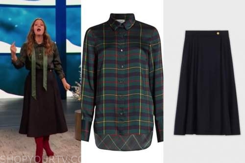 drew barrymore, drew barrymore show, green plaid shirt, navy blue midi skirt