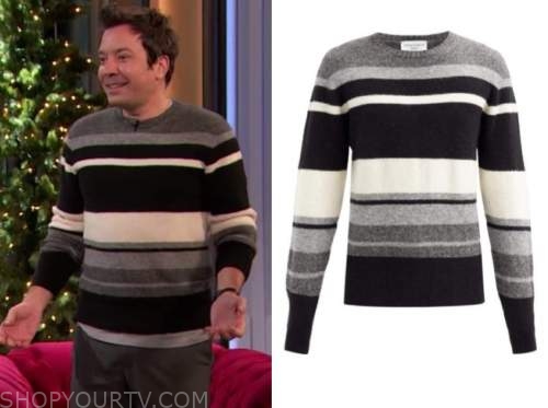 jimmy fallon, drew barrymore show, grey and black striped sweater